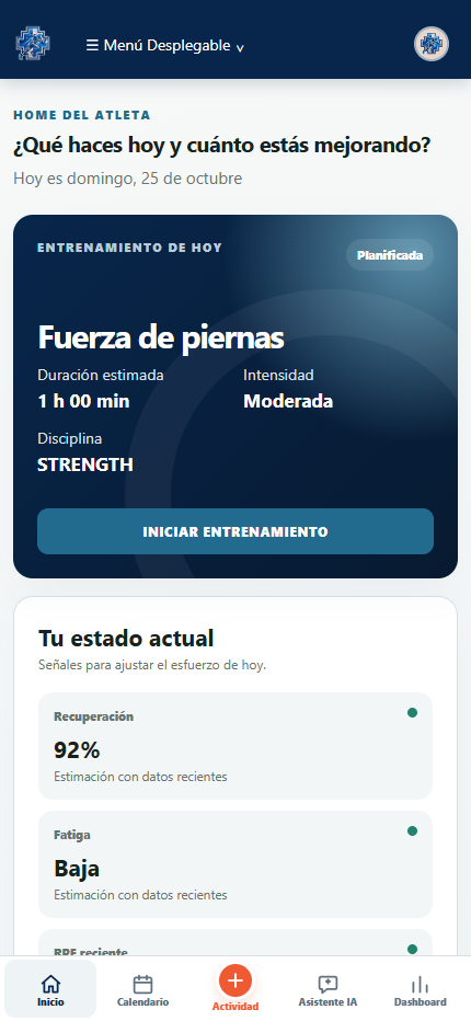 Dashboard móvil real del módulo Atleta
